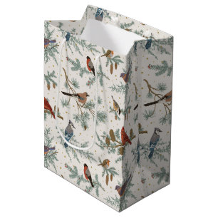 Winter Birds and Pine Branches Pattern Medium Gift Bag