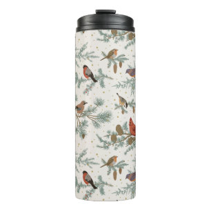 Winter Birds and Pine Branches Pattern Thermal Tumbler