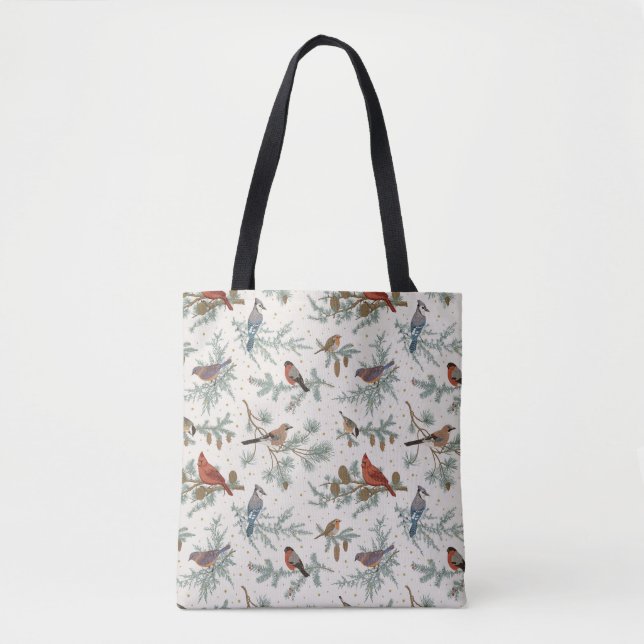Winter Birds and Pine Branches Pattern Tote Bag (Front)