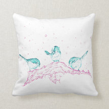 Winter birds art throw cushion - turquoise back
