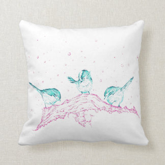 Winter birds art throw cushion - turquoise back