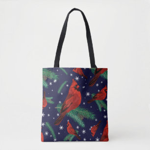 Winter birds - cardinals on fir-tree branches with tote bag