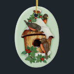 Winter Birds Ceramic Tree Decoration<br><div class="desc">Delightful winter wildlife scene with little birds,  a snow covered birdhouse and holly.  Delightful wildlife Christmas Ornament gift or keepsake.</div>