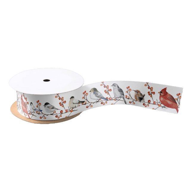 Winter Birds Feeding On Red Ilex Berries Satin Ribbon (Spool)