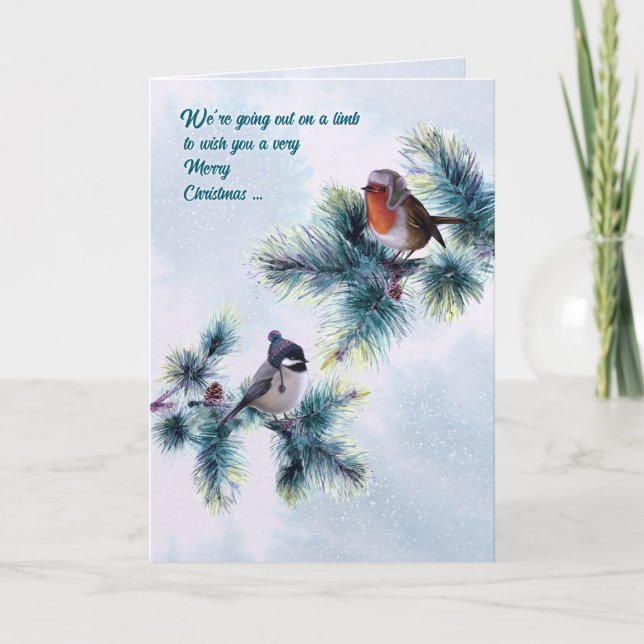 Winter Birds Going Out on a Limb Christmas Card (Front)