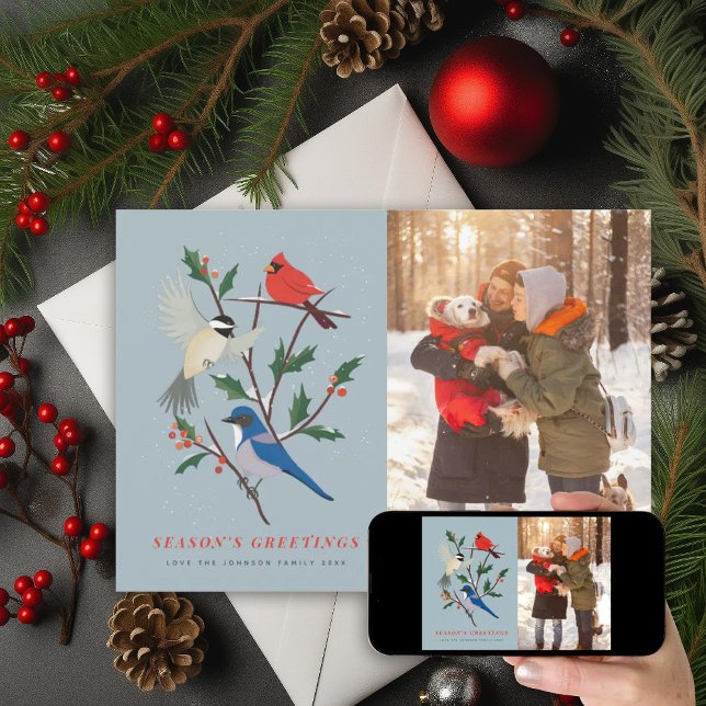 Winter Birds Illustrated Photo Holiday Card (Creator Uploaded)