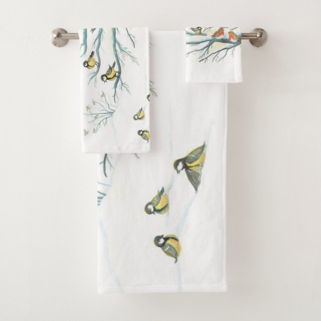 Winter birds in a snowy forest bath towel set (Insitu)