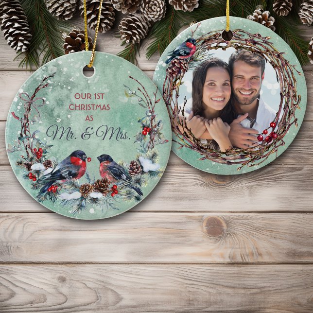 Winter Birds Mr & Mrs Photo Template Ceramic Ornament (Creator Uploaded)