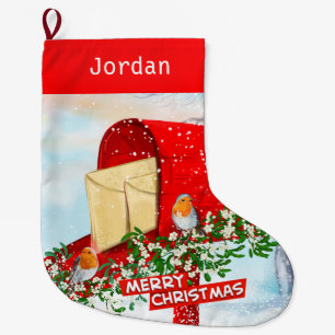 Winter Birds On A Snowy Red Post Box  Large Christmas Stocking