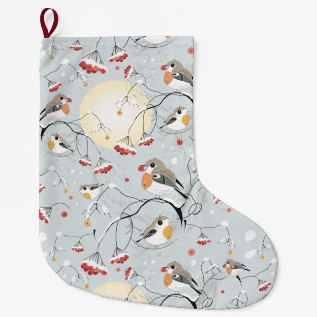 Winter Birds Pattern Large Christmas Stocking (Front)