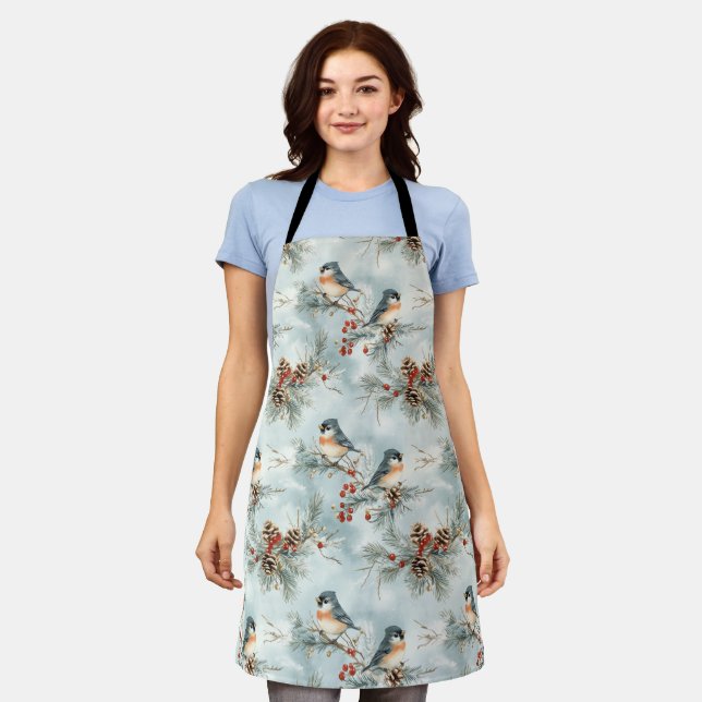 Winter Birds Pattern with Pinecones and Snow Apron (Worn)