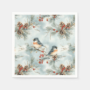 Winter Birds Pattern with Pinecones and Snow Napkin