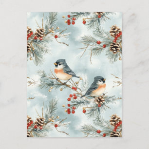 Winter Birds Pattern with Pinecones and Snow Postcard
