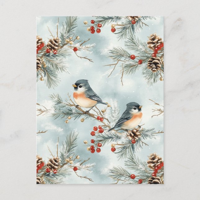 Winter Birds Pattern with Pinecones and Snow Postcard (Front)