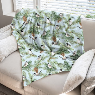 Winter Birds Pine Branches Christmas Pattern Fleece Blanket