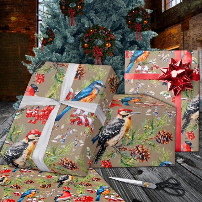 Winter Birds Pine Cones & Red Berries Holiday Wrapping Paper (Winter Birds Pine Cones & Red Berries Holiday Wrapping Paper Rolls in 6 and 15 foot lengths.)