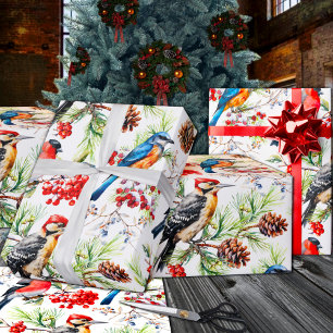 Winter Birds Pine Cones & Red Berries Holiday Wrapping Paper
