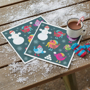 Winter Birds Playing in Snow with Snowman Napkin