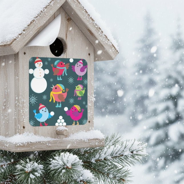Winter Birds Playing in Snow with Snowman  Square Sticker (Creator Uploaded)