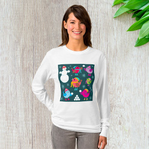 Winter Birds Playing in Snow with Snowman T-Shirt