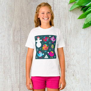 Winter Birds Playing in Snow with Snowman T-Shirt