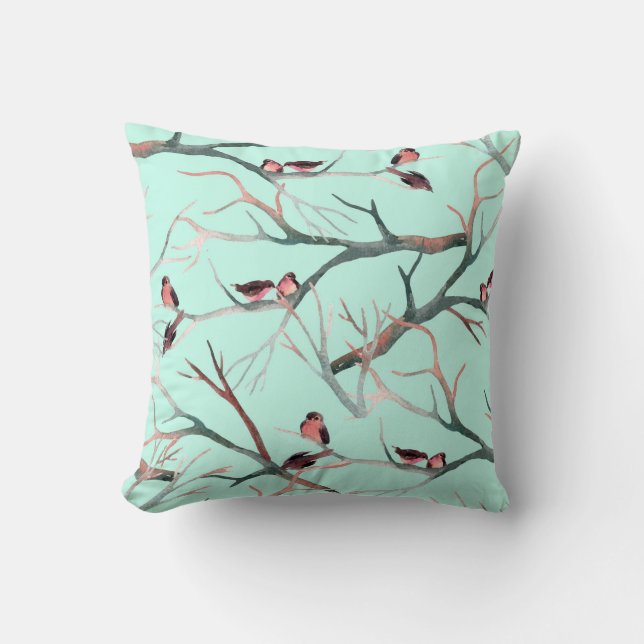 Winter Birds Tree Branches Watercolor Cushion (Front)