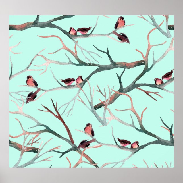 Winter Birds Tree Branches Watercolor Poster (Front)