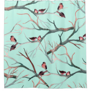 Winter Birds Tree Branches Watercolor Shower Curtain