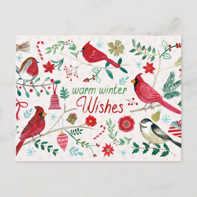 Winter Birds - Warm Wishes Holiday Postcard (Front)