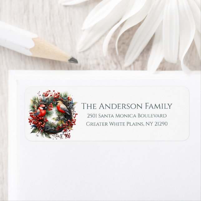 Winter Birds Wreath Grn Personalise Return Address Label (Insitu)