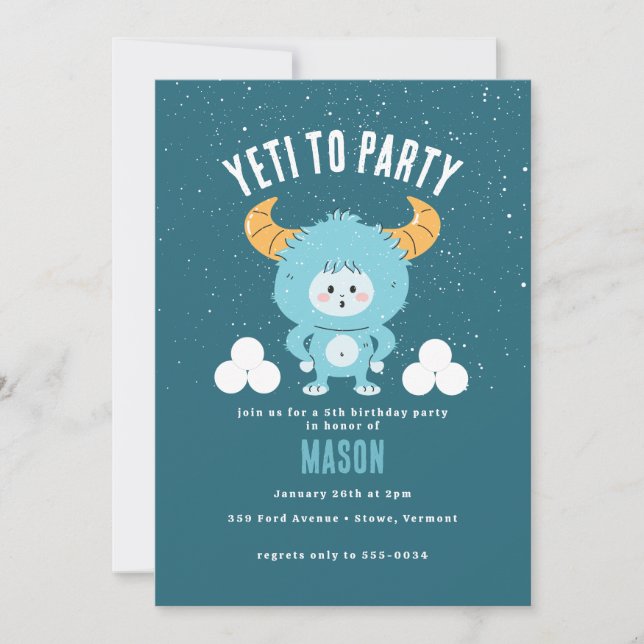 Winter Birthday Blue Boy Snow "Yeti to Party" Invitation (Front)