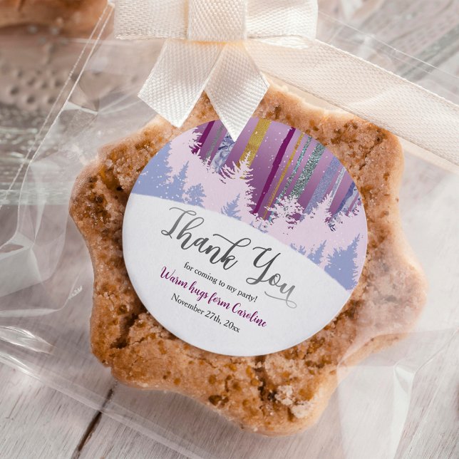 Winter Birthday Blue Purple with Snow Trees Classic Round Sticker (Creator Uploaded)