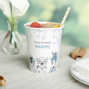 Winter Birthday Boy Animals Paper Cups