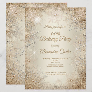 Winter Birthday Party Beige Cream Gold Snowflake Invitation