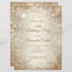 Winter Birthday Party Beige Cream Gold Snowflake Invitation