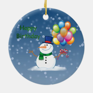 winter birthday snowman ceramic ornament