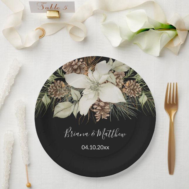 Winter Black and White Elegant Script Wedding Paper Plate (Wedding)
