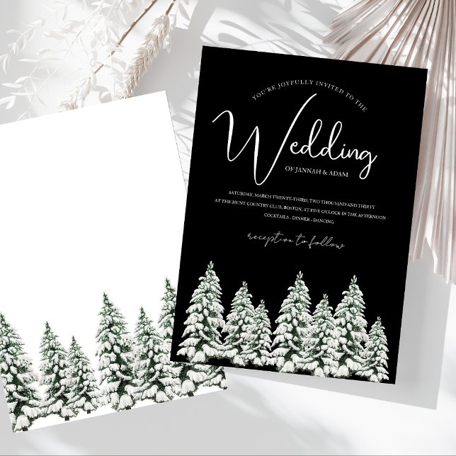 Winter Black and White Snowy Pine Tree Wedding Invitation (Winter Black and White Snowy Pine Trees Wedding Invitation)