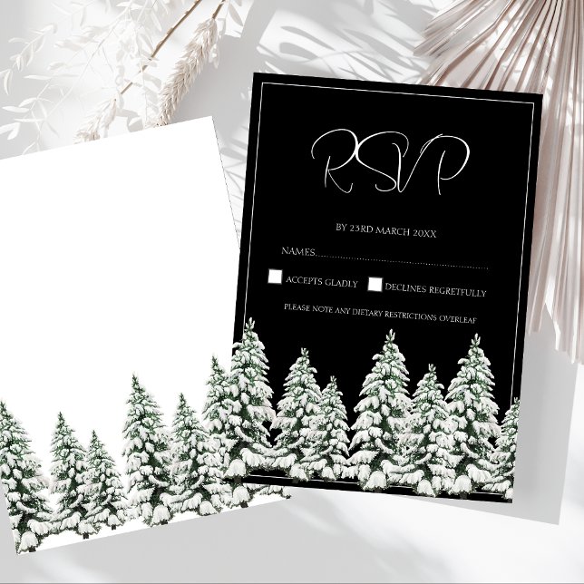 Winter Black and White Snowy Pine Trees Wedding RSVP Card (Winter Black and White Snowy Pine Trees Wedding RSVP Card)