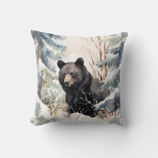 Winter Black Bear Throw Pillow (Front)