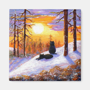 Winter Black Cats Snowy Forest Creationarts Magnet