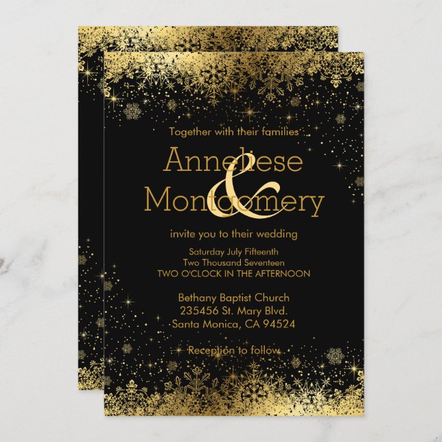 Winter Black & Gold Snowflakes Wedding Invitation (Front/Back)