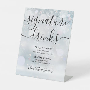 Winter Black Script Wedding Signature Drinks Pedestal Sign