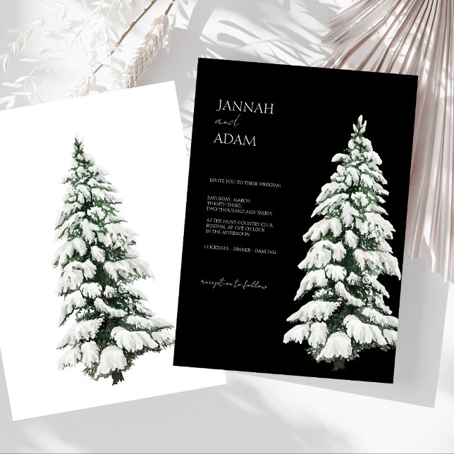 Winter Black Snow Christmas Tree Wedding Invitation (Winter Black and White Snowy Pine Tree Wedding Invitation)