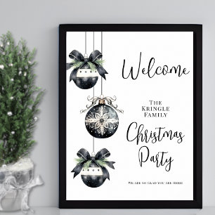 Winter Black White Christmas Party Welcome Sign