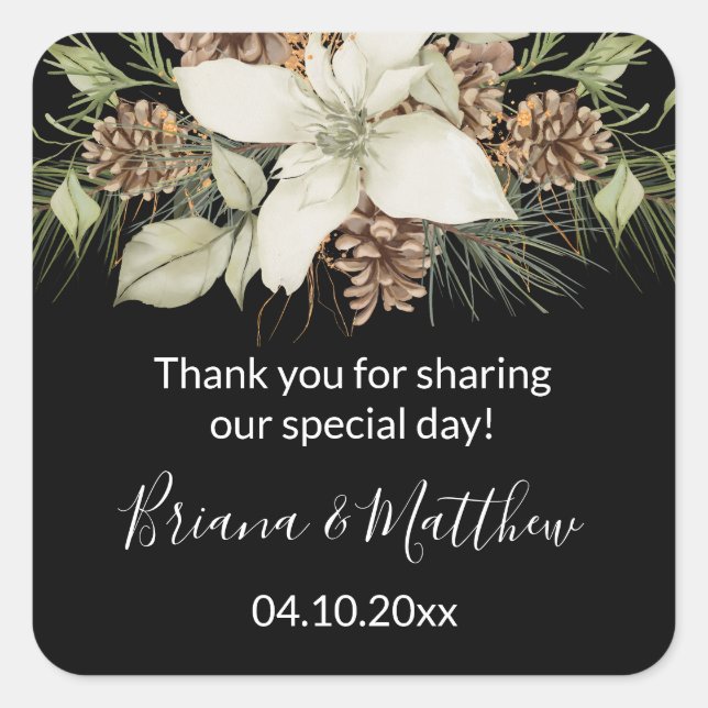 Winter Black White Elegant Script Wedding Favour Square Sticker (Front)