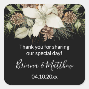 Winter Black White Elegant Script Wedding Favour Square Sticker