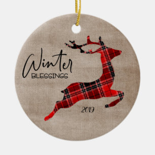 Winter Blessings Plaid Reindeer Ceramic Ornament