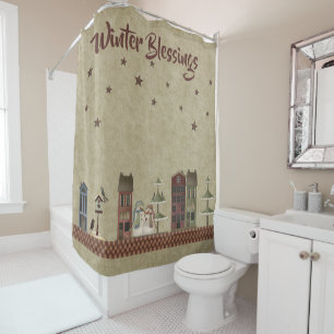 Winter Blessings Primitive Folkart Snowmen   Shower Curtain