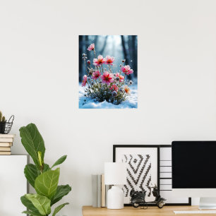 Winter Bloom – Pink Cosmos in the Snow Poster